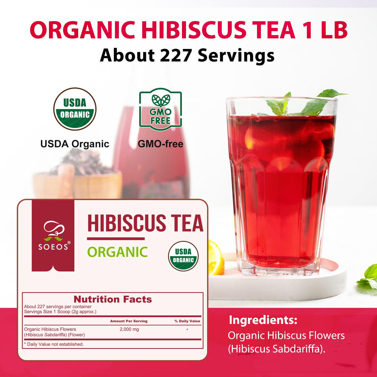 Soeos Organic Dried Hibiscus Flowers Tea, 1 lb