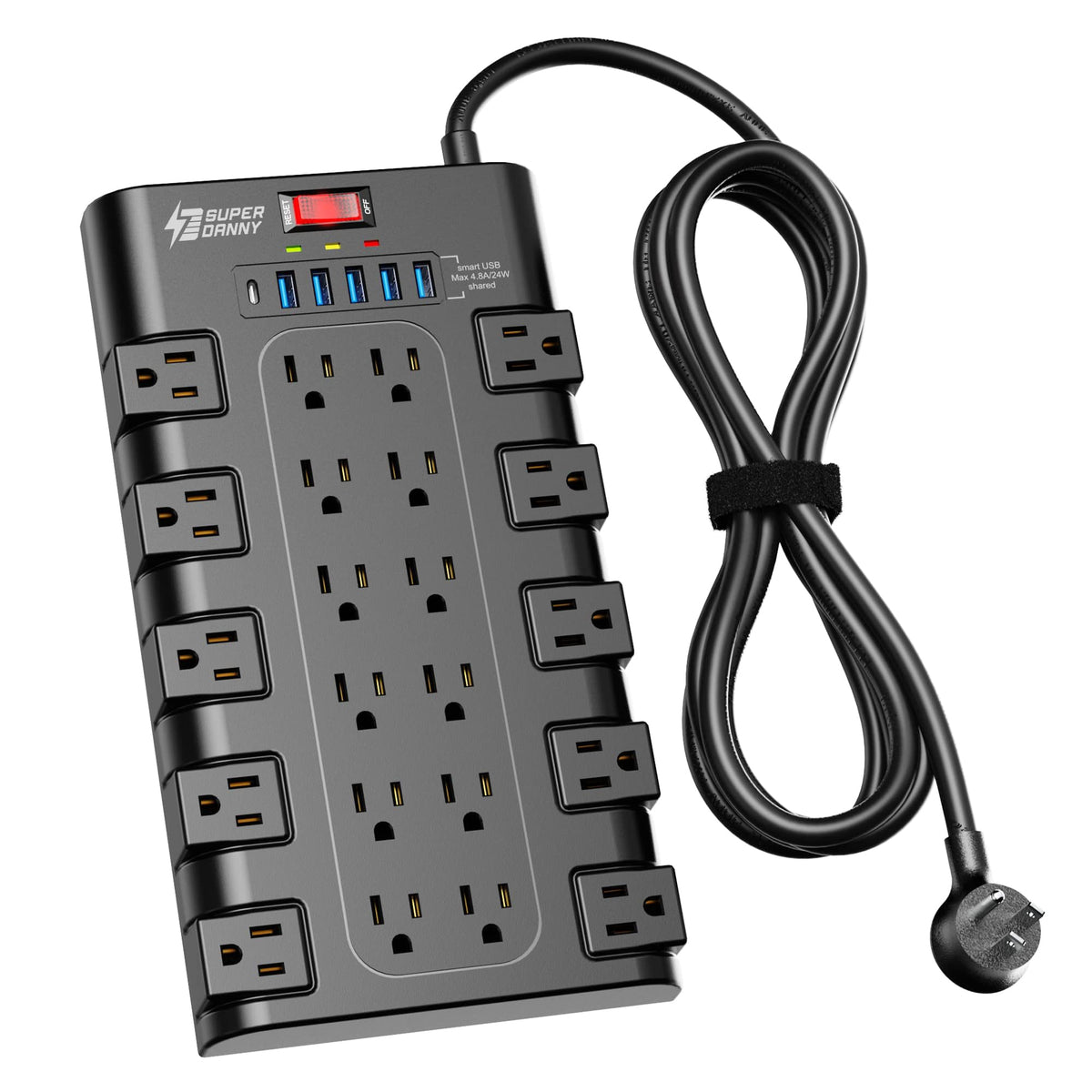 SUPERDANNY 22-Outlet Surge Protector Power Bar with 6 USB, Black