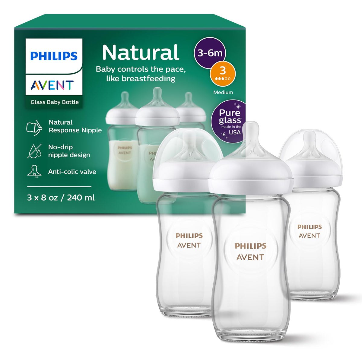 Philips Avent Natural Glass Baby Bottles, Medium Flow, 8 oz (3 Pack)