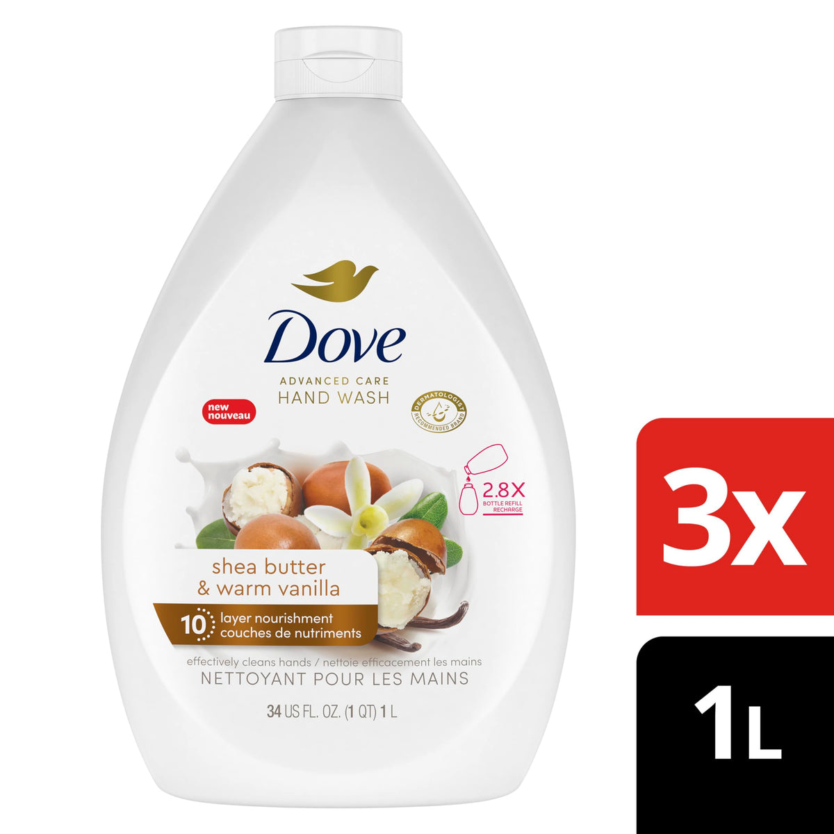 Dove Shea Butter & Warm Vanilla Hand Wash Refill, 1 L, 3 Pack