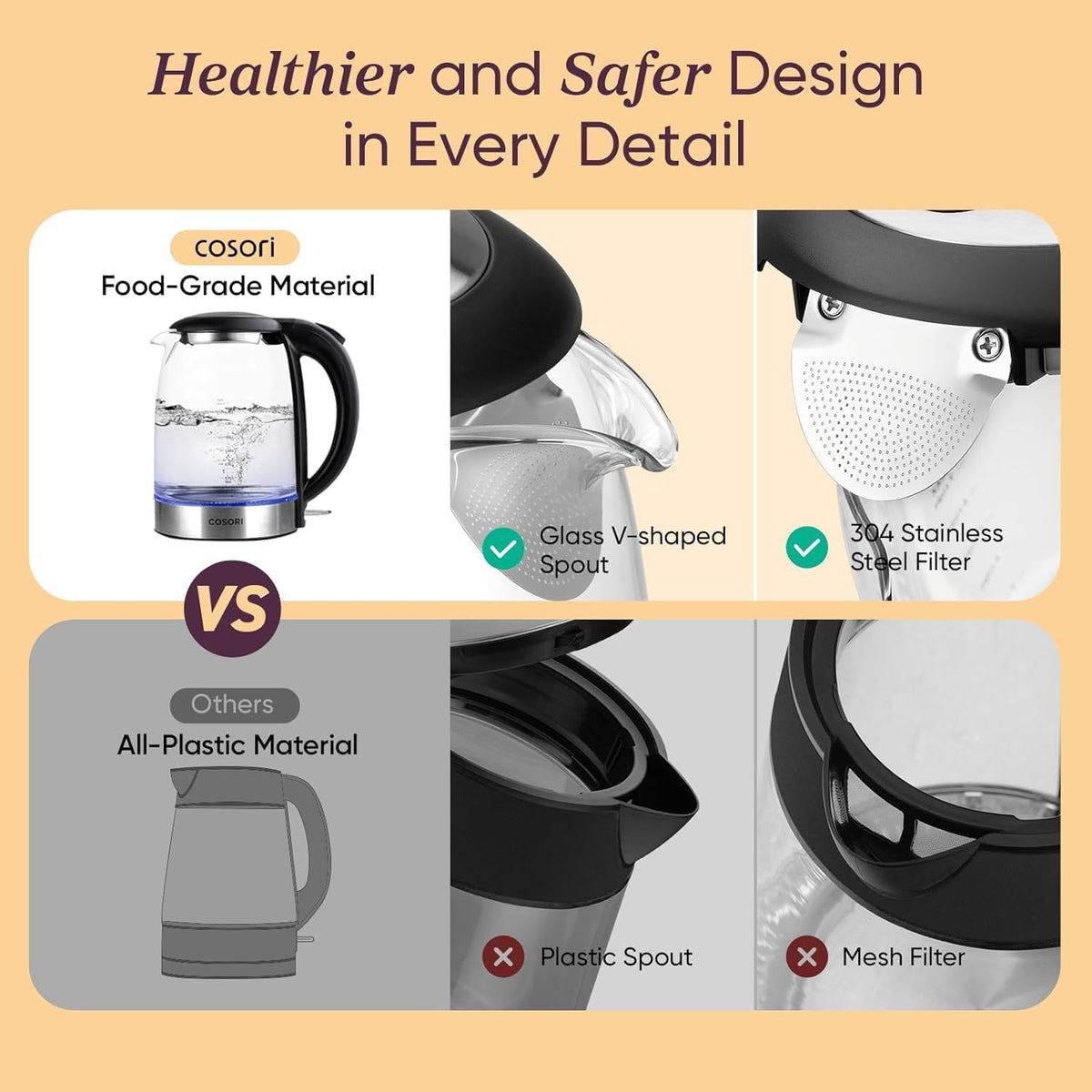 COSORI Plastic-Free Glass Electric Kettle, 1.7 L, 1500 W, Black