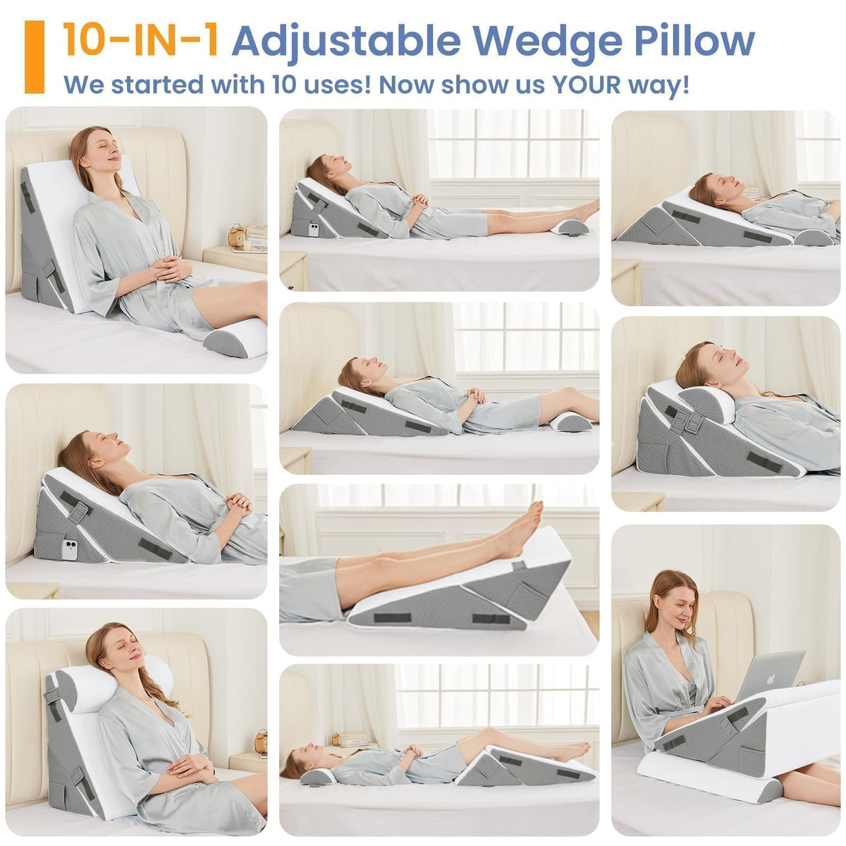 Sasttie Adjustable Wedge Pillows with Bolster, 2PCS, White/Dark Grey