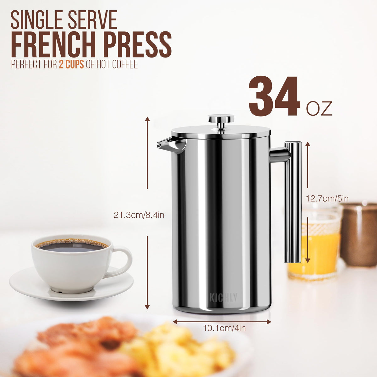 KICHLY Double Walled Stainless Steel French Press, 34 oz, Silver