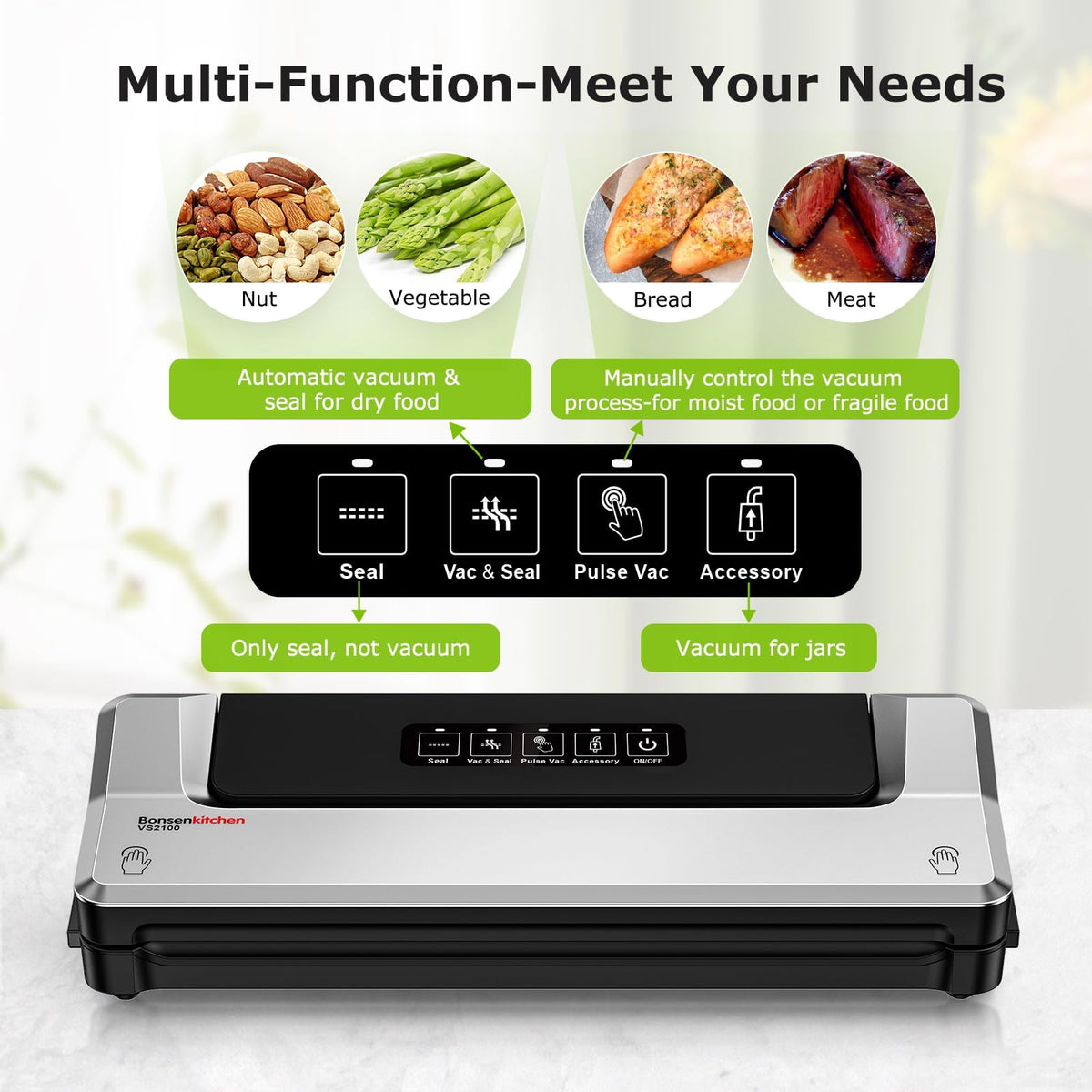 Bonsenkitchen Vacuum Sealer Machine, 90 kPa, Silver