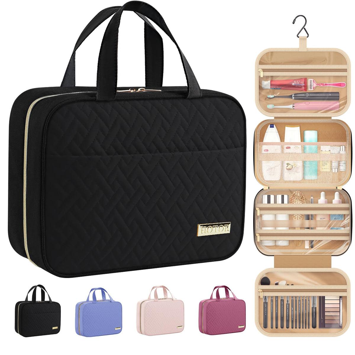 HOTOR Travel Toiletry Bag with Hanging Hook, Black