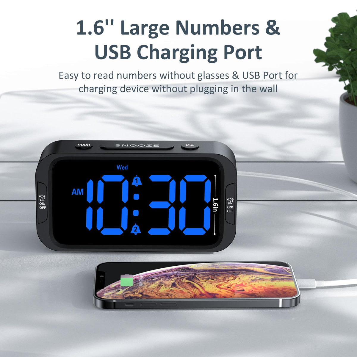 Odokee Digital Dual Alarm Clock with USB Charger, Blue