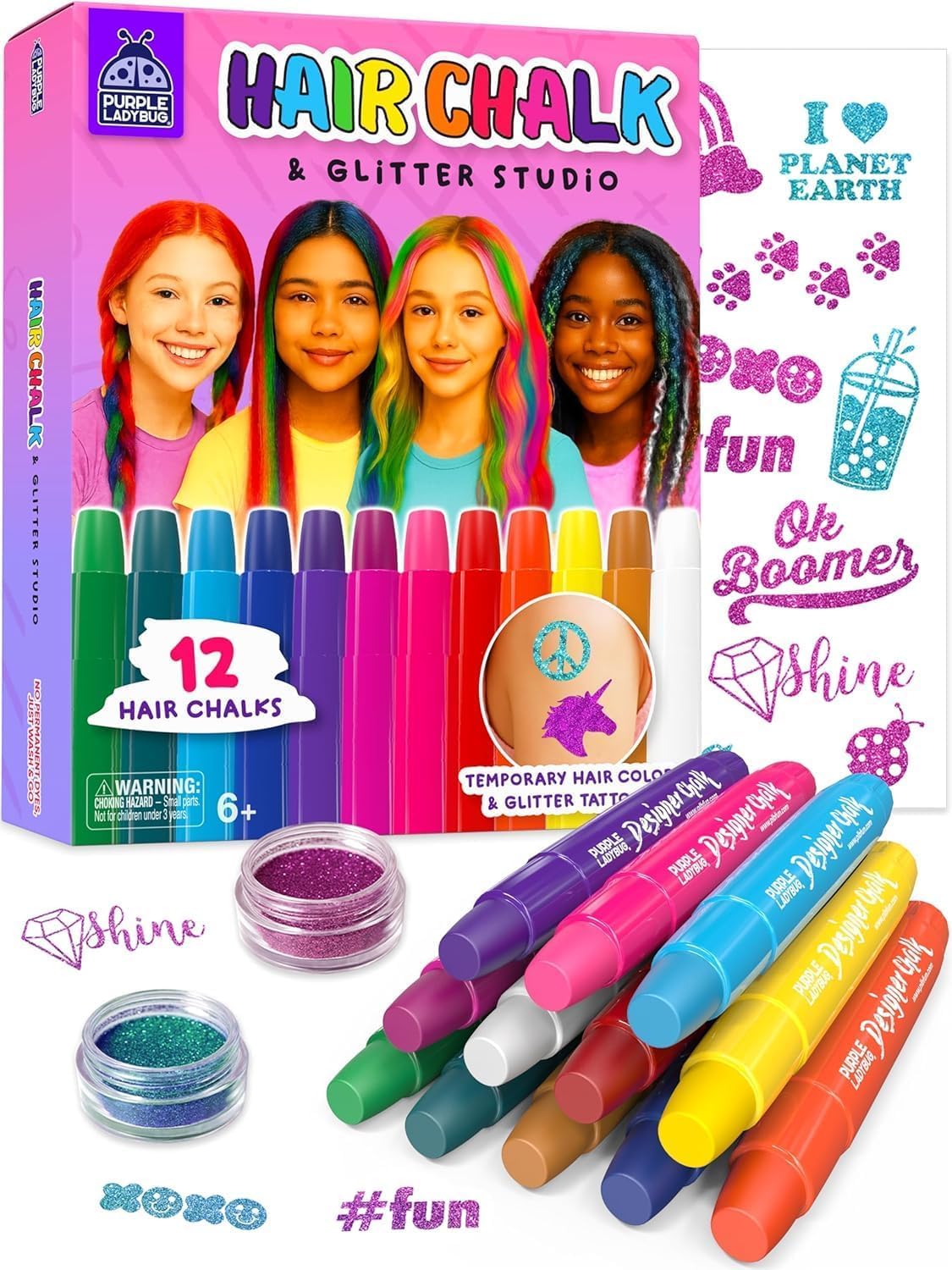 Purple Ladybug Temporary Hair Chalk for Kids, 12 Colours