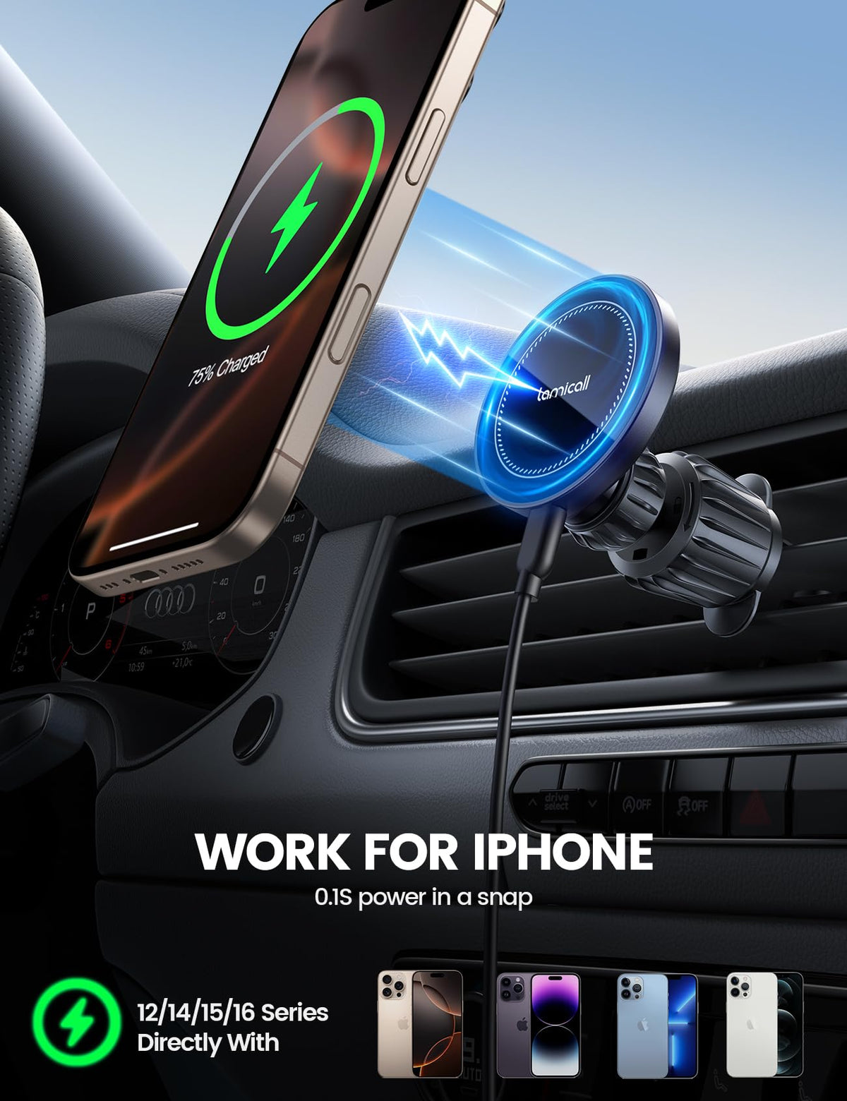 Lamicall 15W MagSafe Wireless Car Mount Charger, Vent and Dashboard