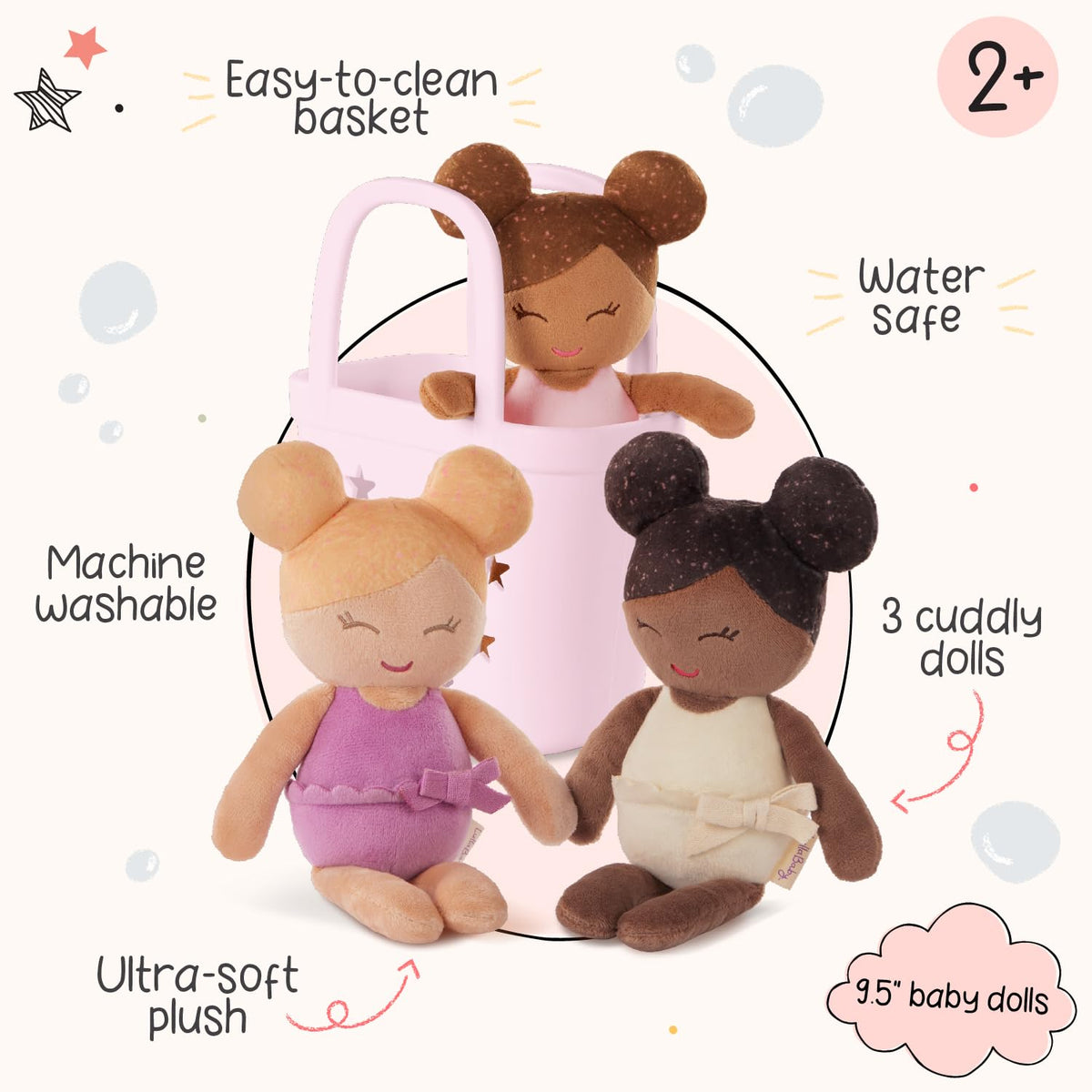 LullaBaby Bath Baby Dolls, Water Play Set with Pink Basket