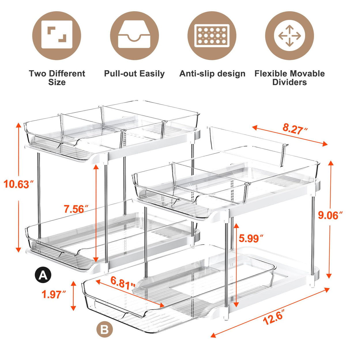 Delamu 2-Tier Under Sink Organizer with Dividers, White, 2 Pack