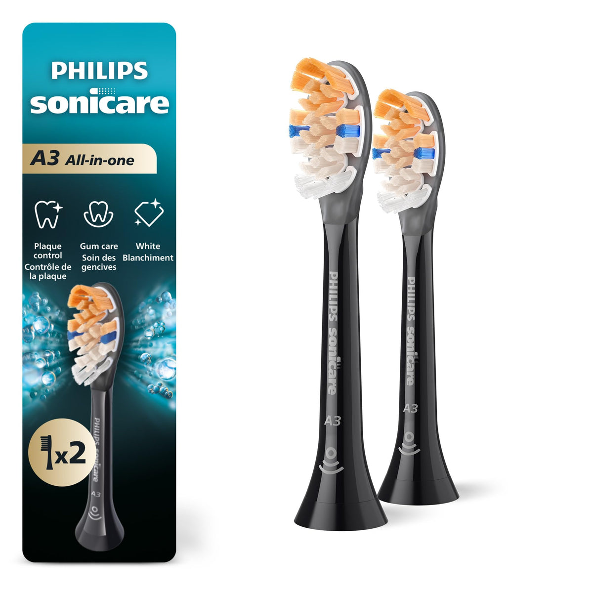 Philips Sonicare A3 Replacement Brush Heads, Black, 2 Pack, HX9092/95