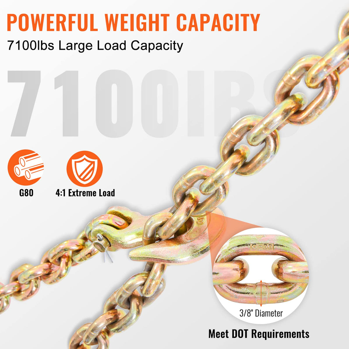 VEVOR Transport Binder Chain With Grab Hooks, 3/8" x 20', G80
