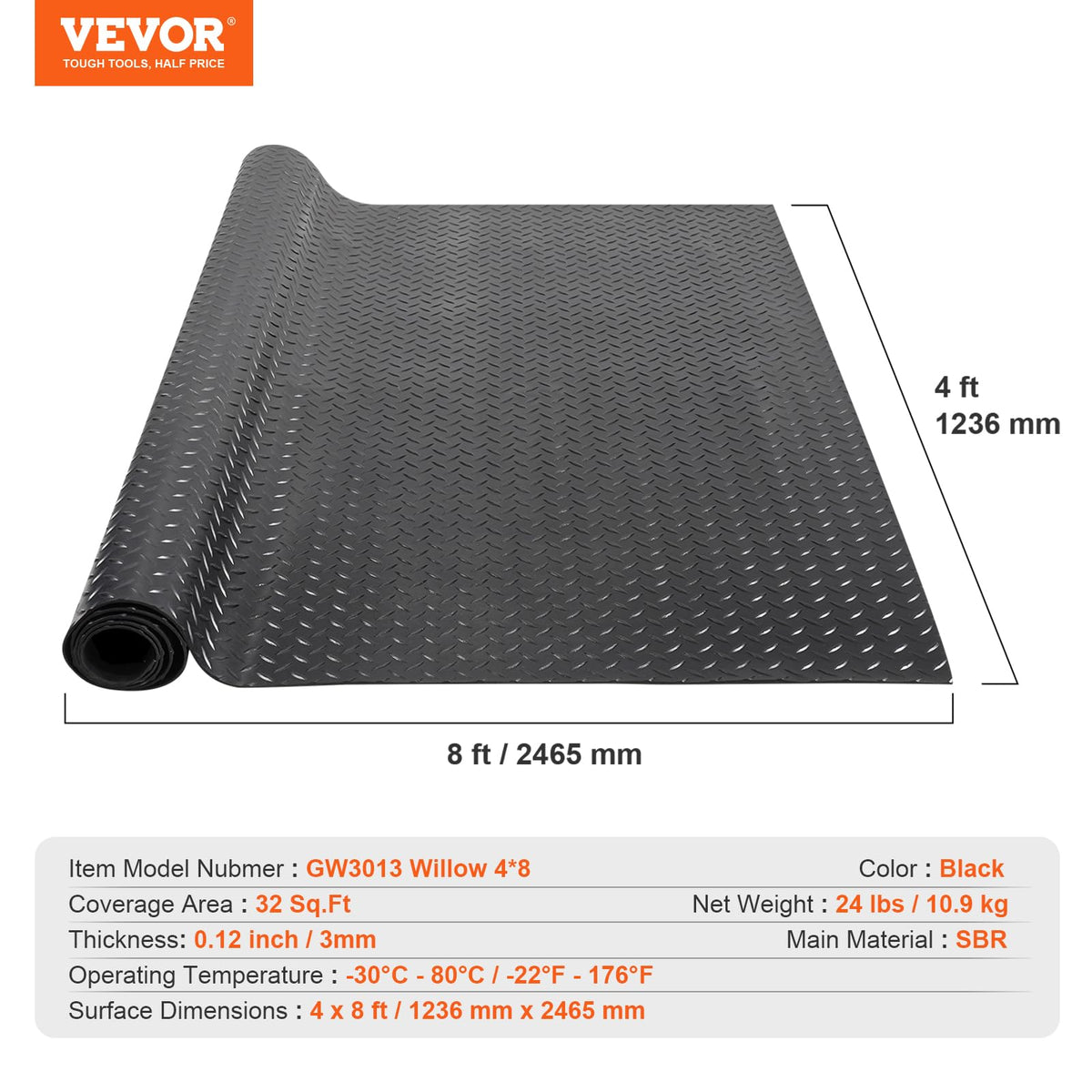 VEVOR Diamond-Plate Rubber Flooring Roll, 3 mm x 4 ft x 8 ft, Black
