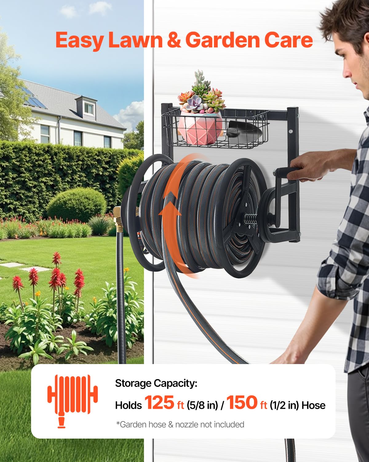 VEVOR Wall Mounted Garden Hose Reel, 125 ft x 5/8-Inch Hose