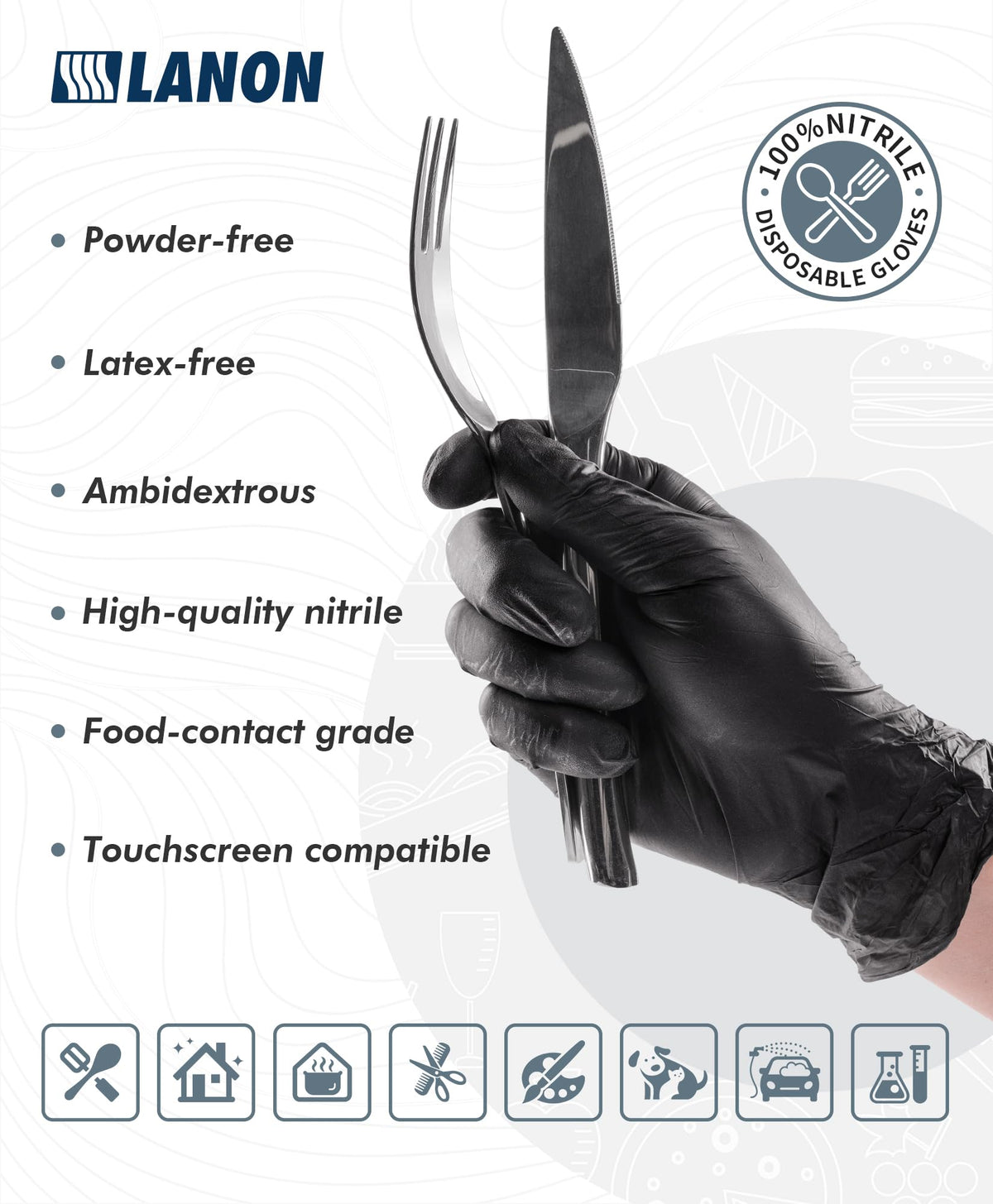 LANON Black Nitrile Disposable Gloves, Medium