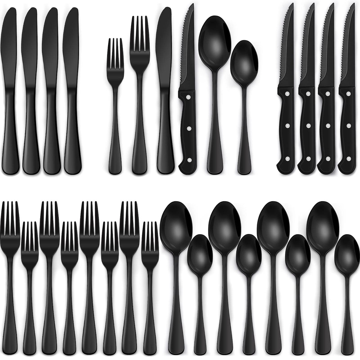 Black Stainless Steel Silverware Set with Steak Knives (24 Piece)