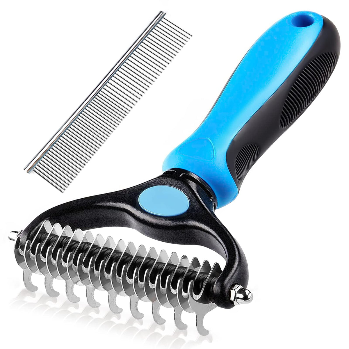 Double-Sided Deshedding Undercoat Rake for Dogs & Cats, Blue