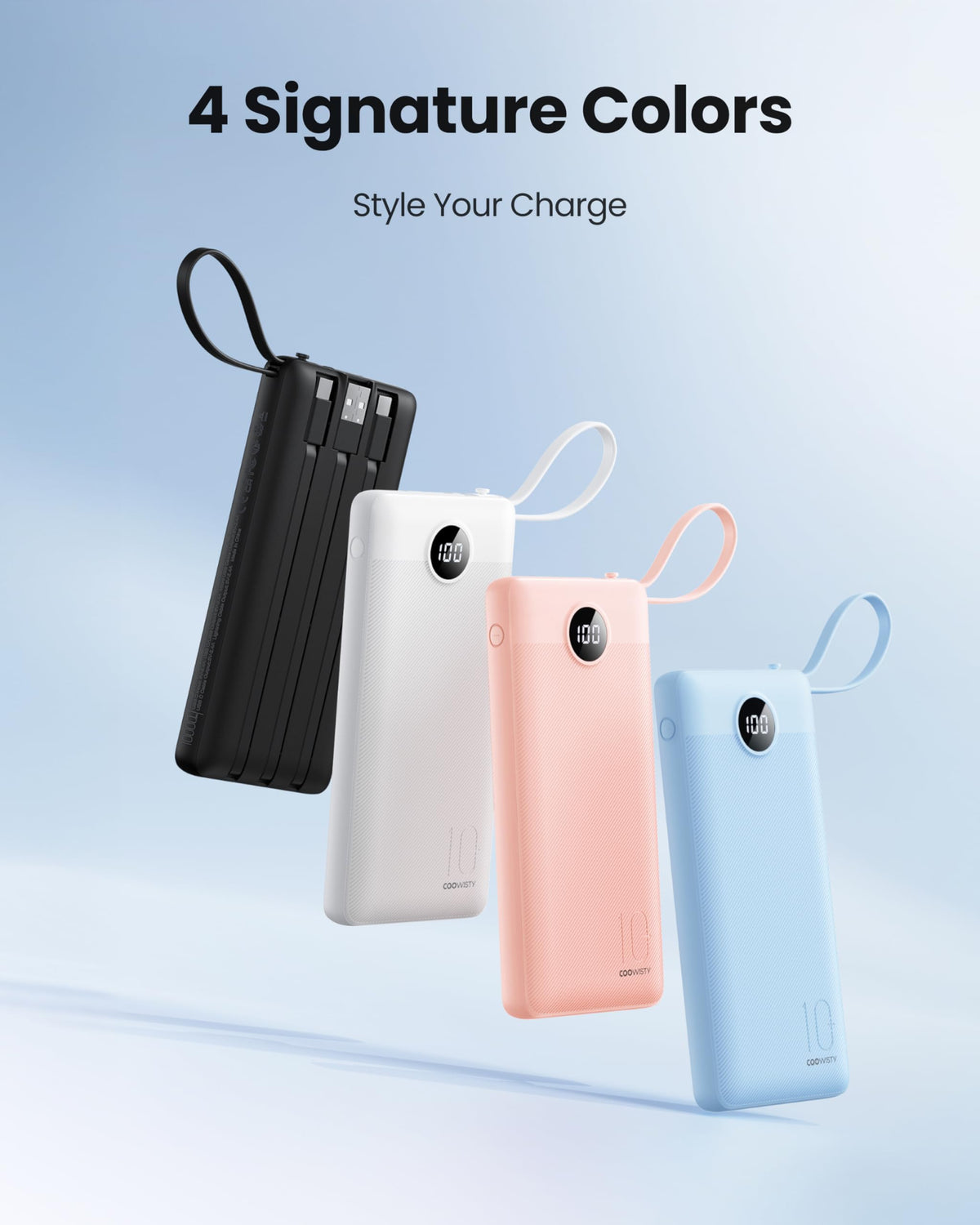 Coowisty Slim Power Bank, 10000mAh, Built in 4 Cables