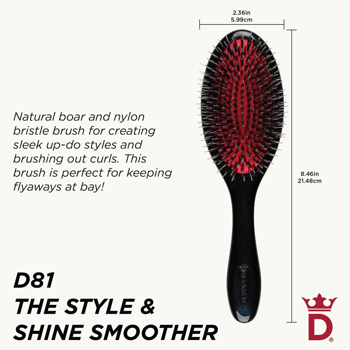 Denman Cushion Hair Brush, Medium, Boar Bristles, Black, P081M