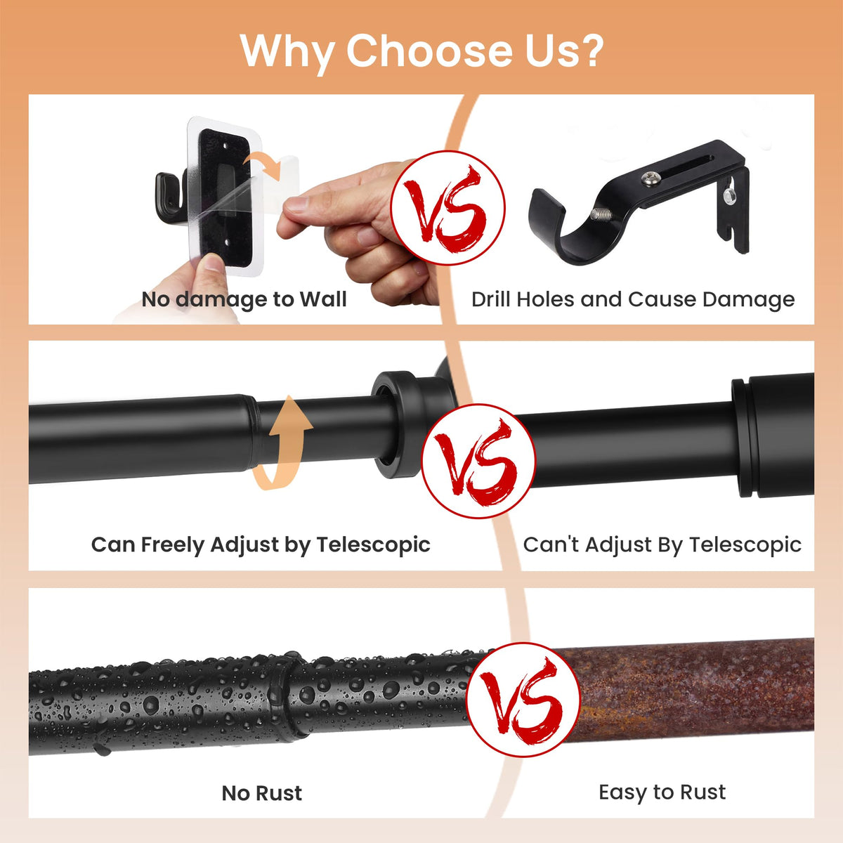 upsimples No Drill Curtain Rod, 28-48", Black