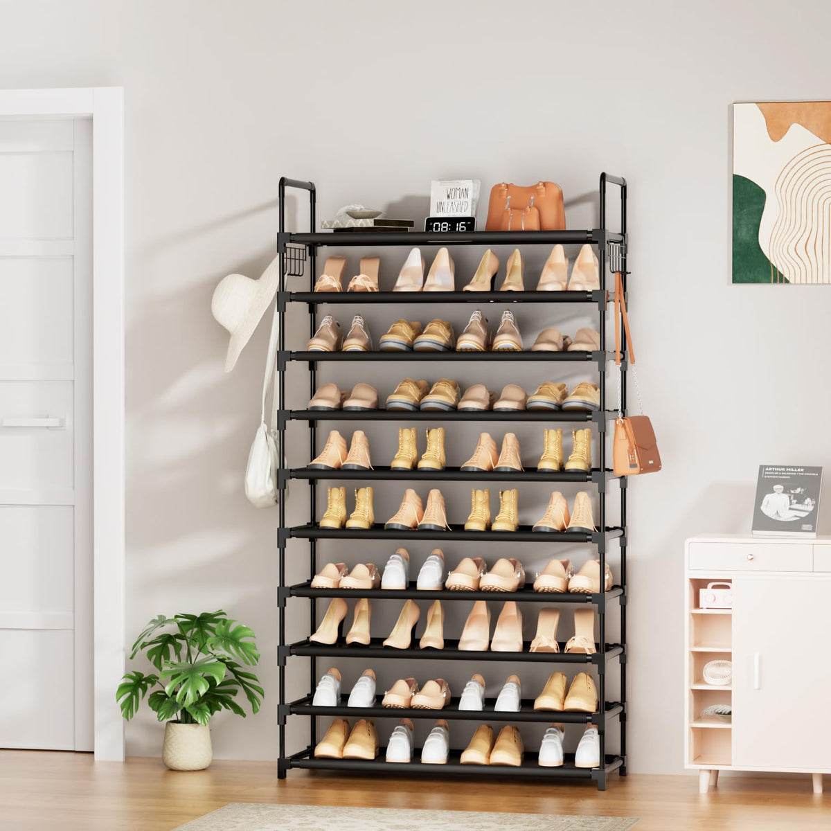 10 Tier Shoe Rack, Holds 50-55 Pairs, with Hooks