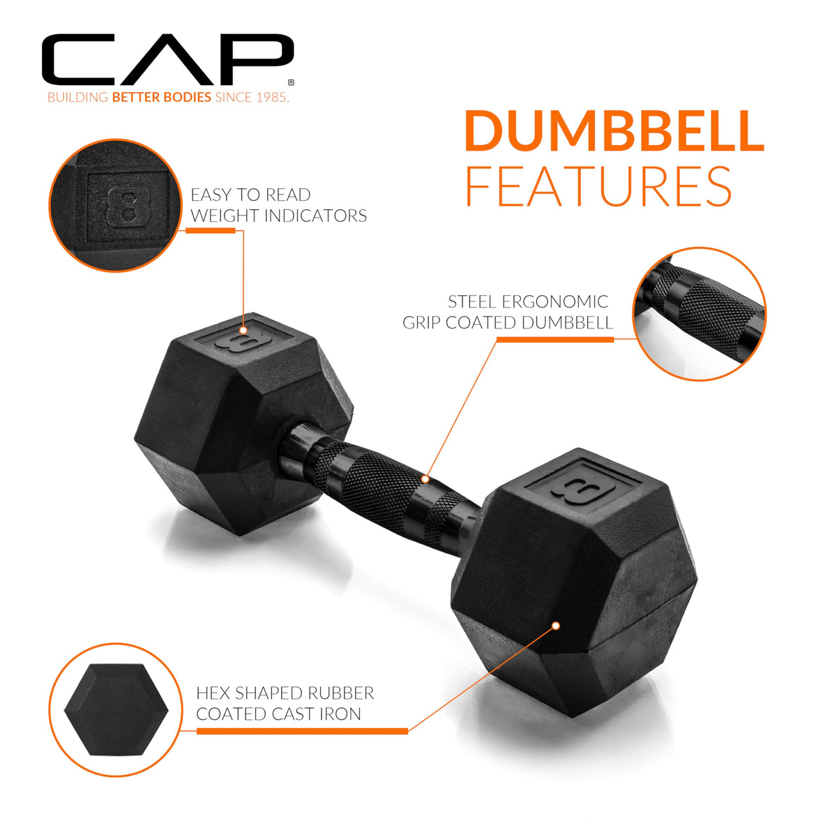 CAP Barbell Coated Hex Dumbbell Pair, Black Handle, 8 lb