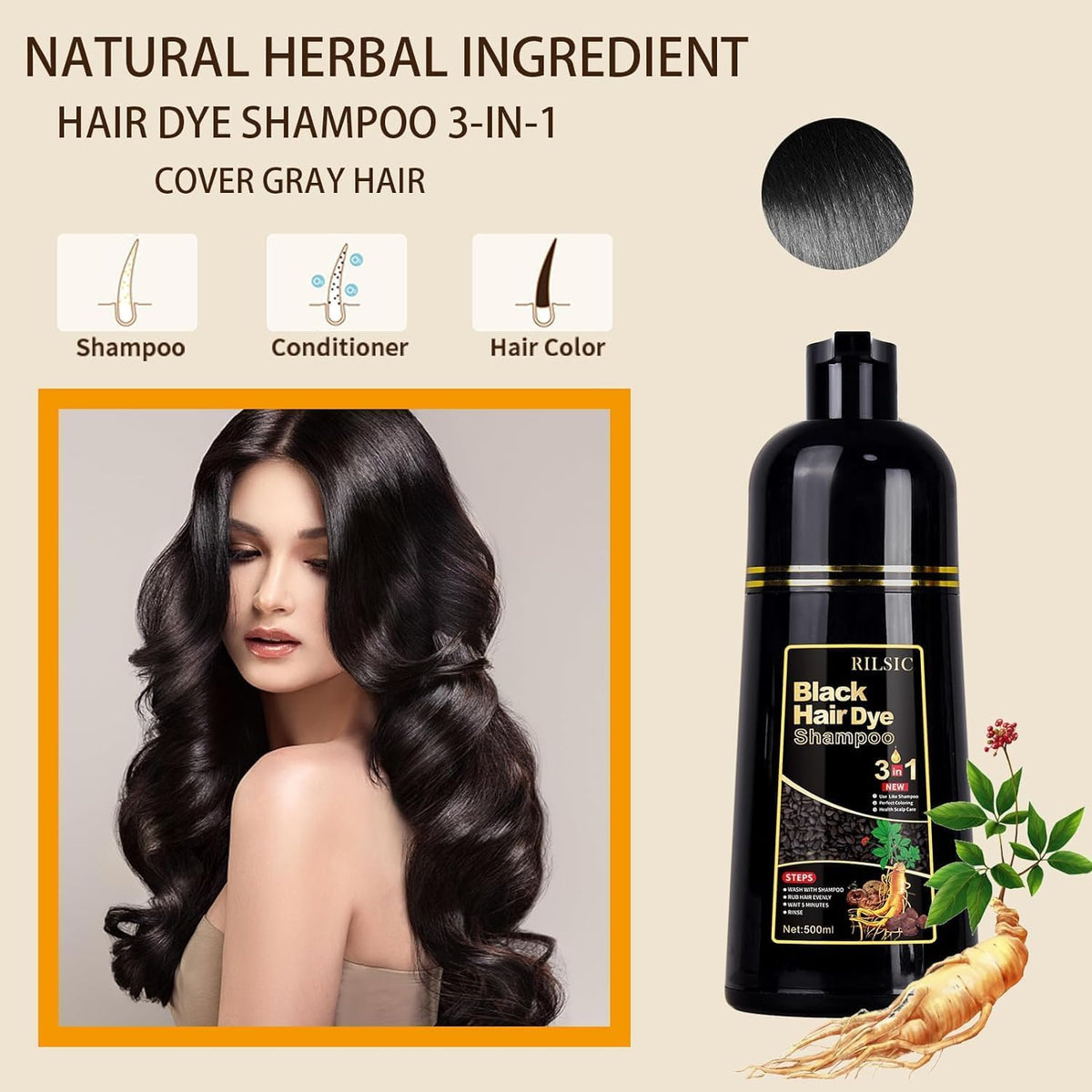 Hair Color Shampoo 3-in-1 for Grey Hair, Natural Black, 500ML