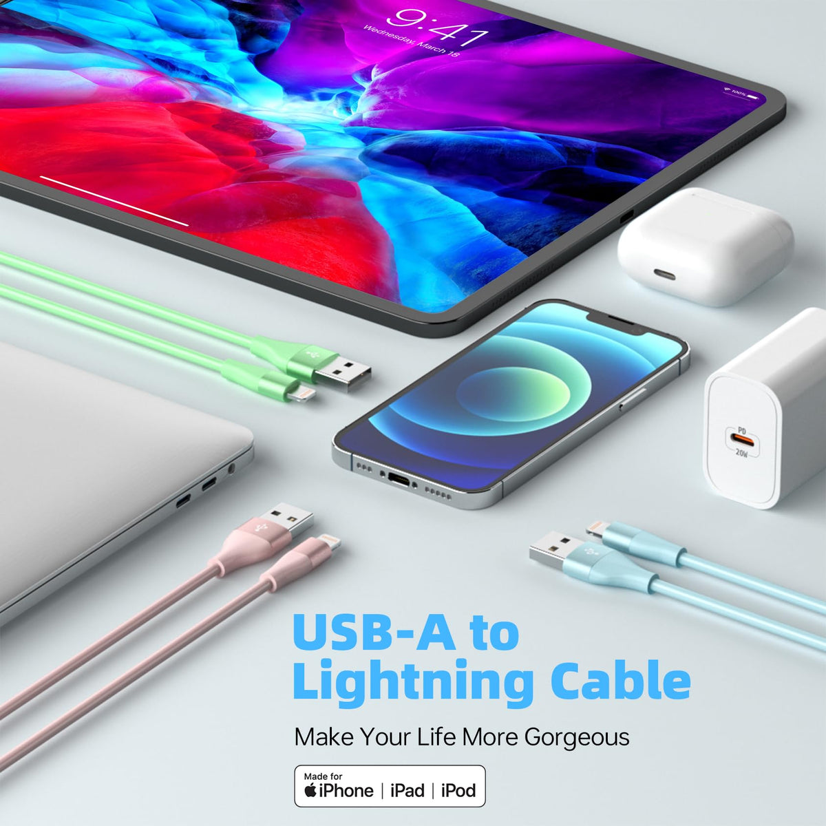 Bkayp iPhone Lightning Cable, 10 FT, 3 Pack, Multi Color