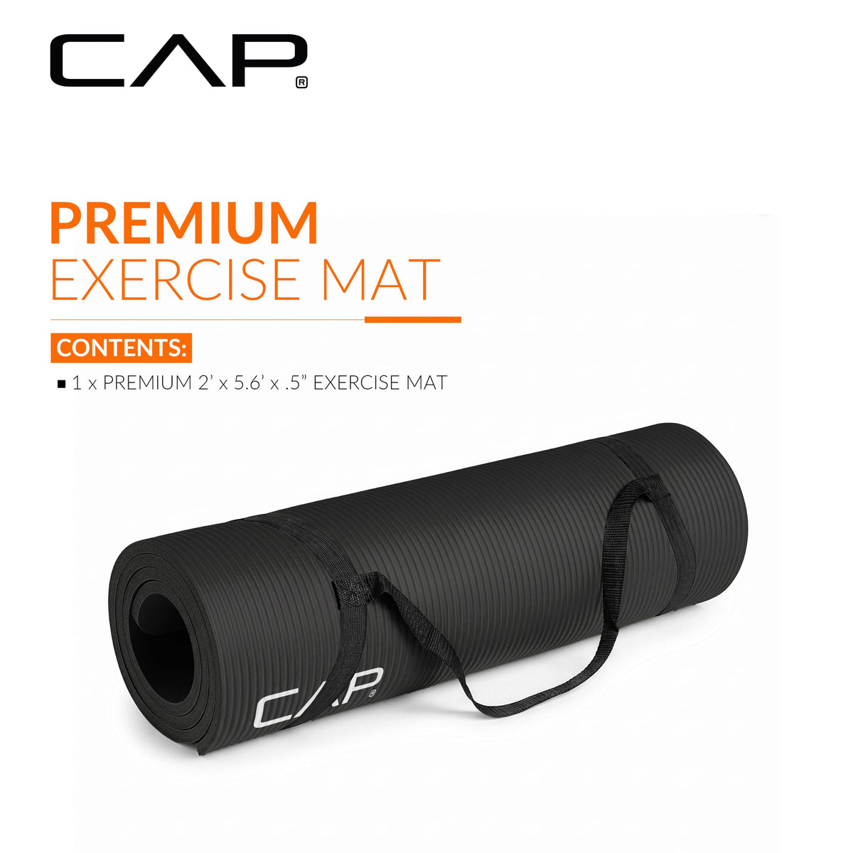 CAP Barbell Yoga Mat with Carrying Strap, 68" x 24" x 1/2", Black