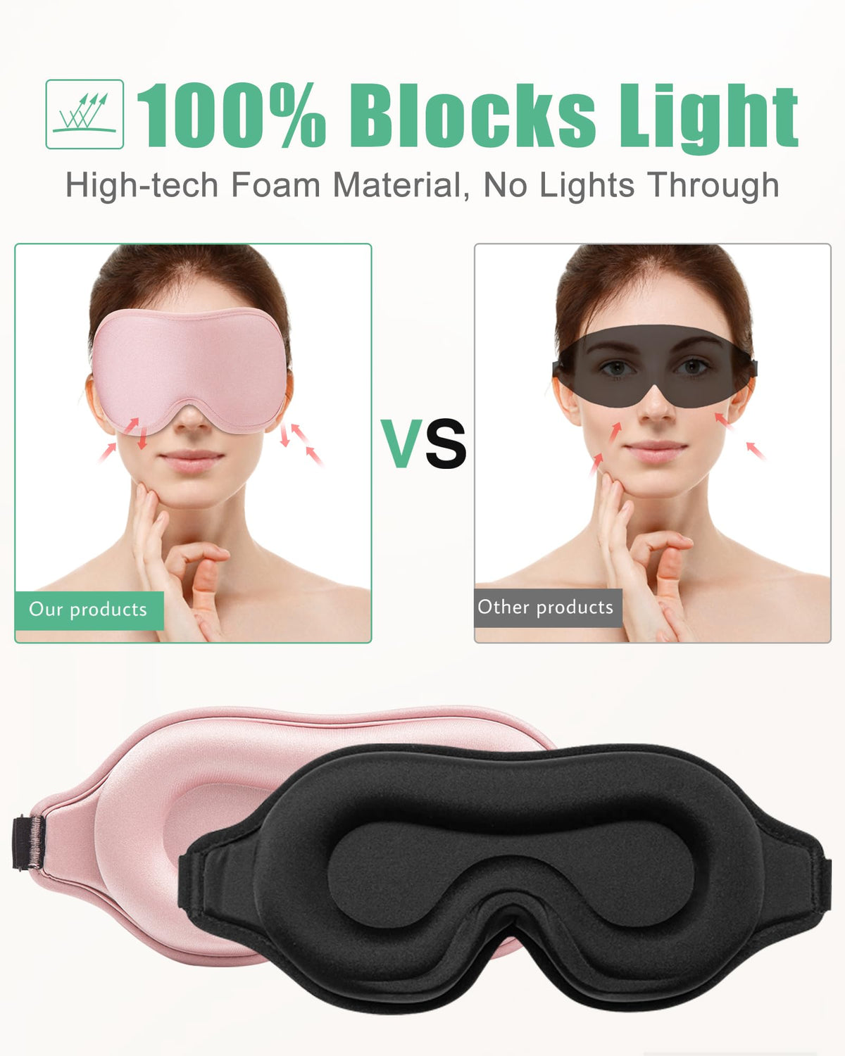 Blackout Sleep Mask for Women and Men, 2 Pack, Black and Pink