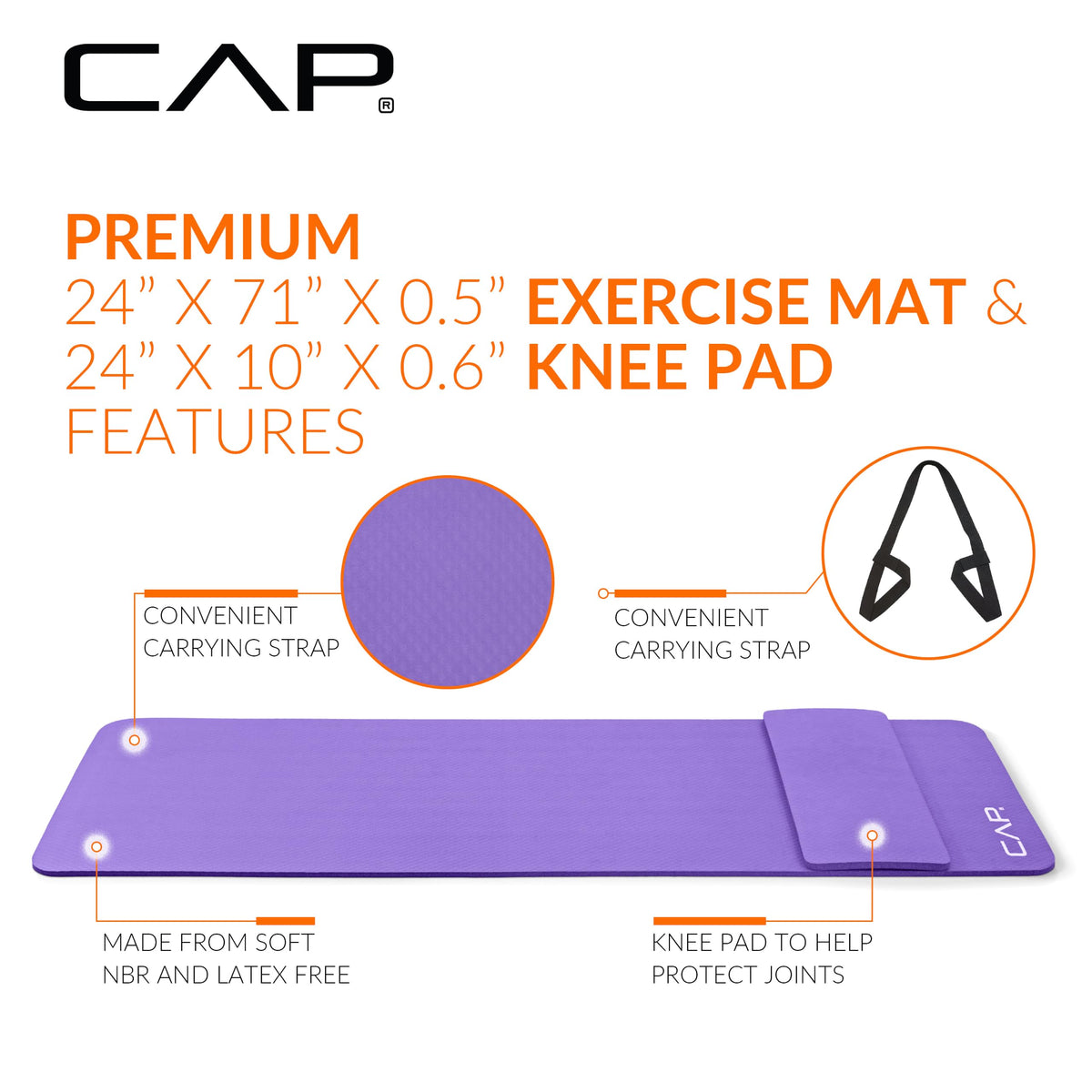CAP Barbell Yoga Mat with Strap and Knee Pad, 71"x24"x1/2", Purple