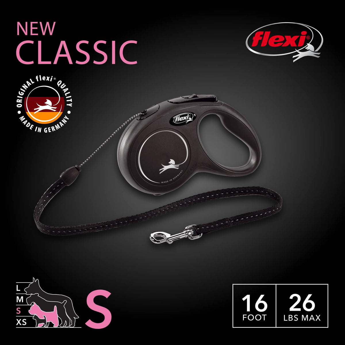 Flexi Classic Cord Retractable Dog Leash, Small, 16 ft, Black