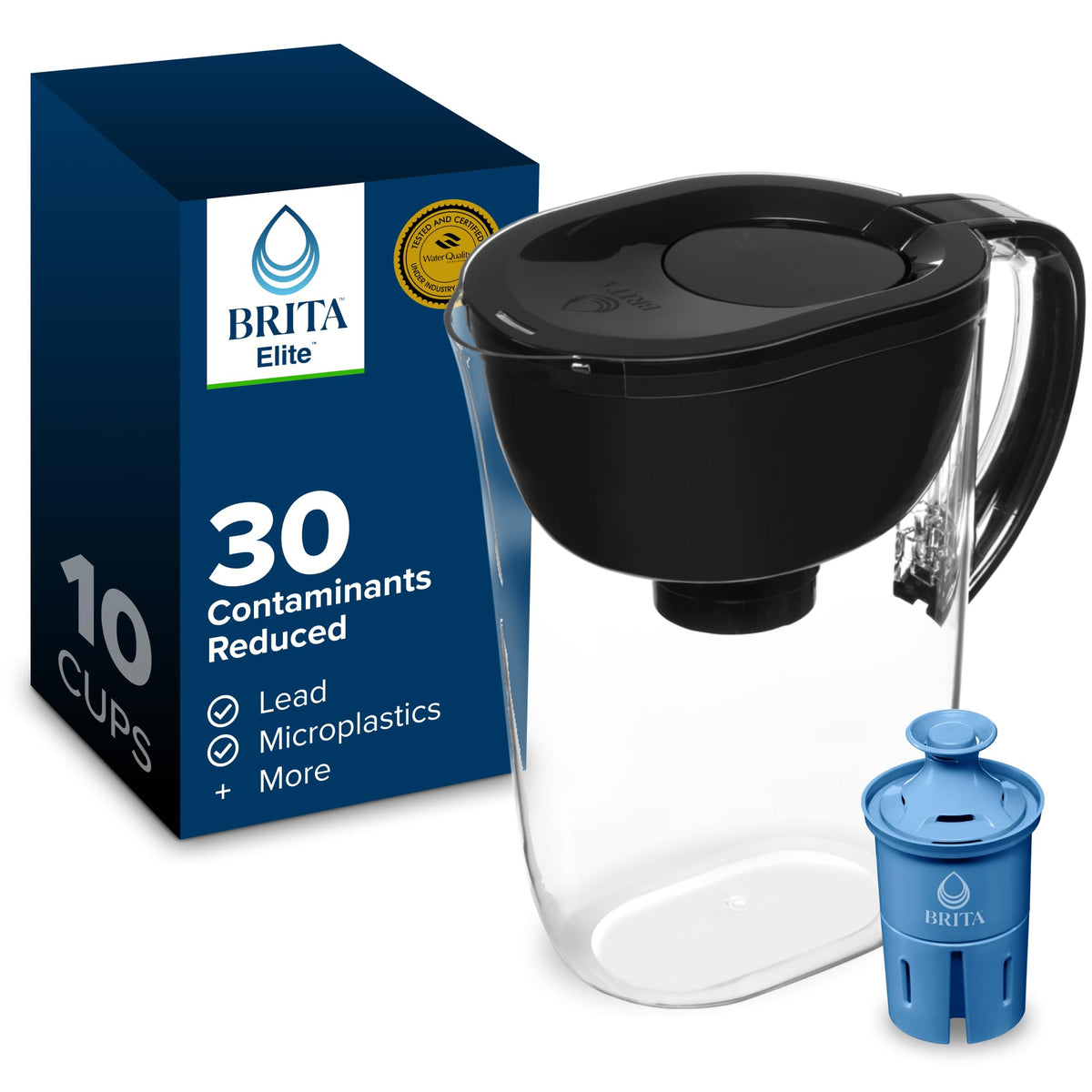 Brita 10 Cup Elite Filter Pitcher with Smart Light Indicator, Black
