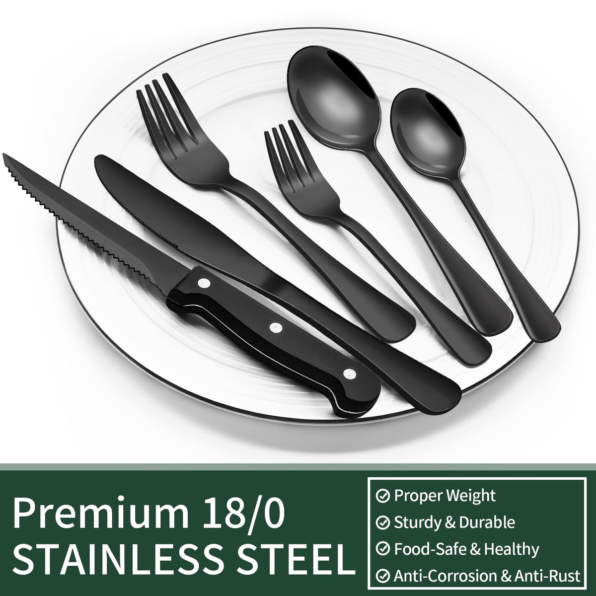 Black Stainless Steel Silverware Set with Steak Knives (24 Piece)
