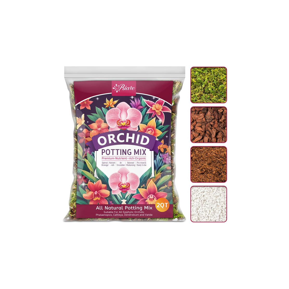 Riare Orchid Potting Mix with Moss, Pine Bark and Perlite, 2 L