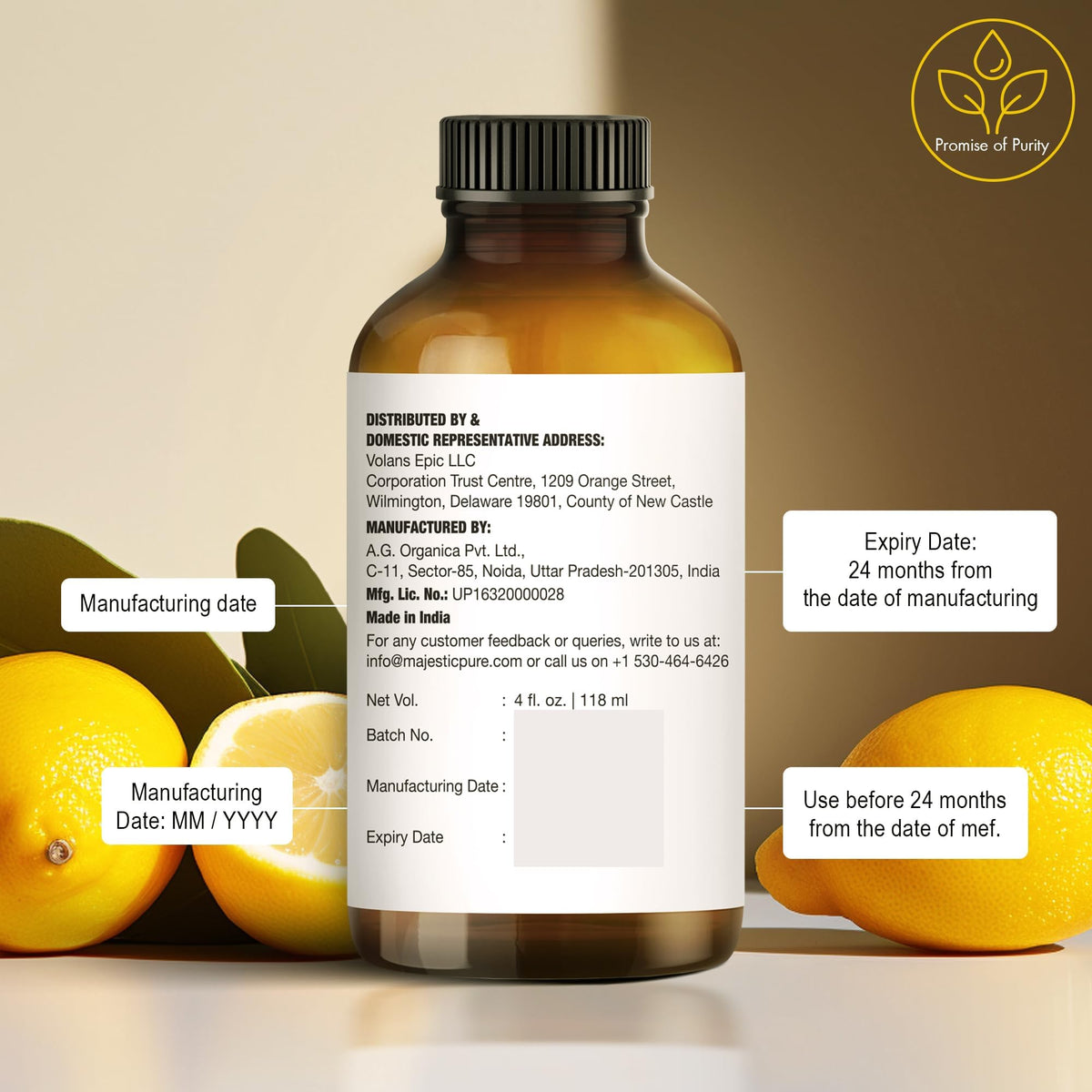 Majestic Pure Lemon Essential Oil with Glass Dropper, 118 ml