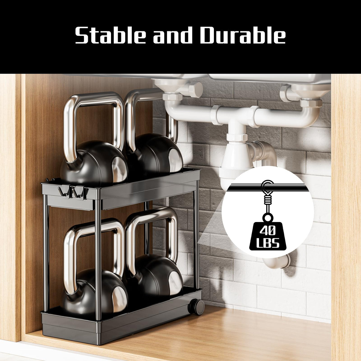 Cicilyna 2-Tier Under Sink Organizer with Hook, Black, 2 Pack