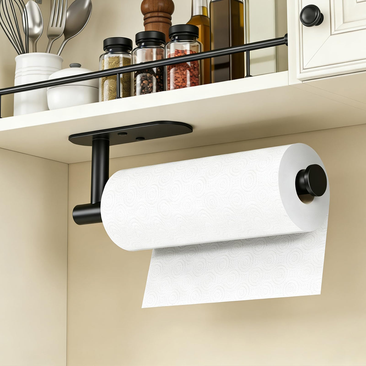 Hufeeoh Adhesive Paper Towel Holder, Under Cabinet, Black