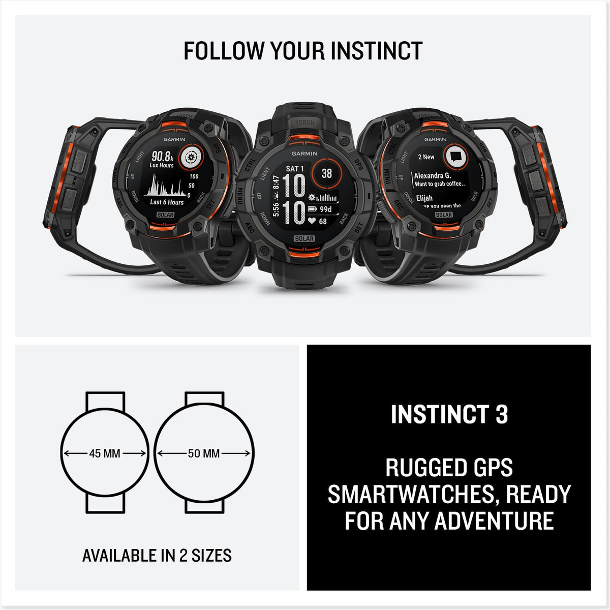 Garmin Instinct 3 Solar GPS Smartwatch, Black, 45mm