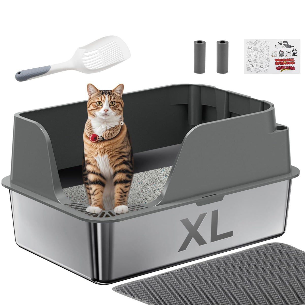 Stainless Steel XL Cat Litter Box with Lid, Grey