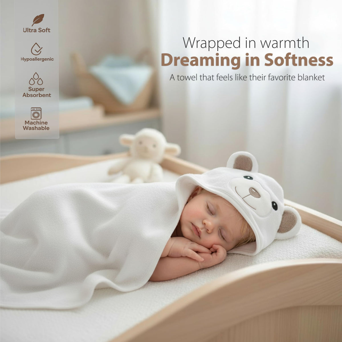 MINIBOO Organic Bamboo Hooded Baby Towel, 90 x 90 cm, White Bear