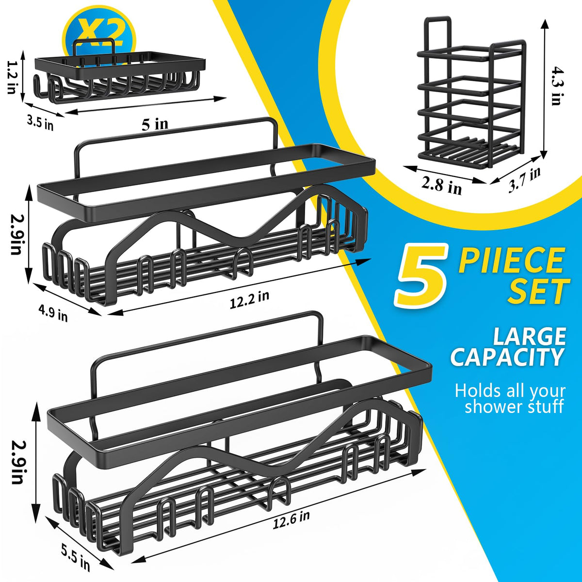 Coraje Adhesive Stainless Steel Shower Caddy Shelves, Black (5 Pack)