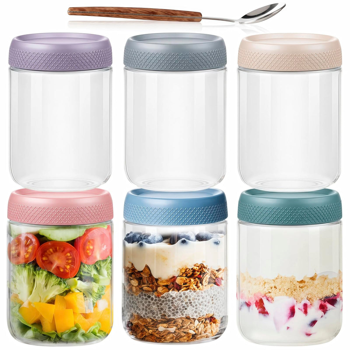 Overnight Oats Glass Jars with Lids and Spoons, 16 Oz, 6 Pack