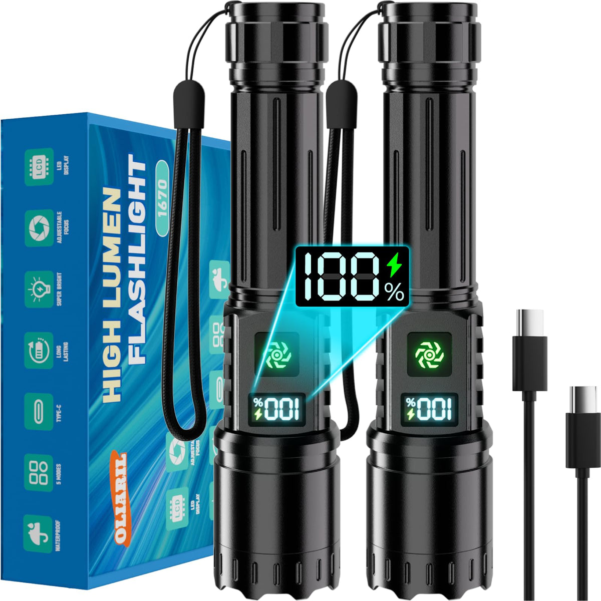 Rechargeable Zoomable LED Flashlight, 2 Pack, LCD Display