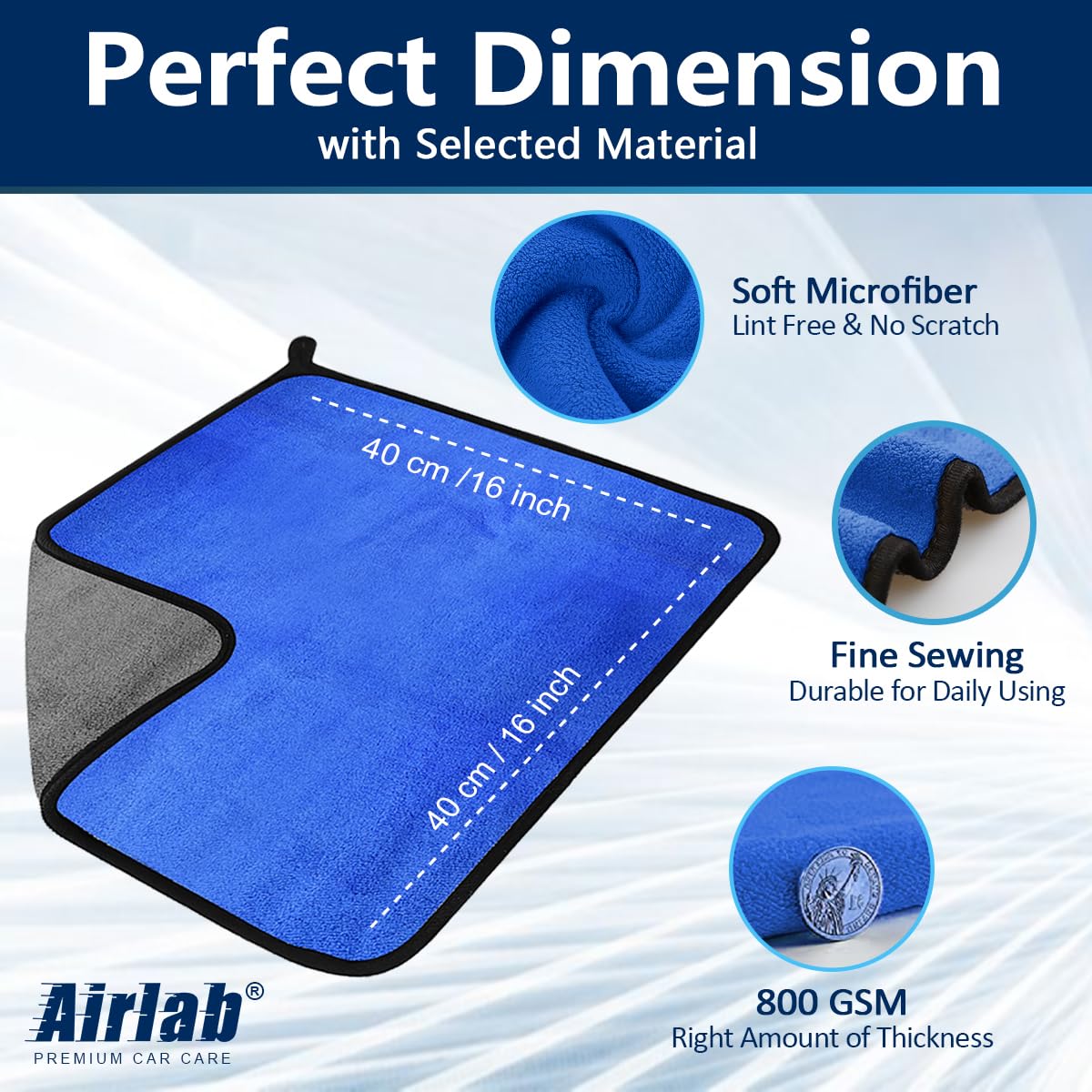 Airlab Microfibre Car Drying Towels, 800 GSM, 40 x 40 cm, 4-Pack
