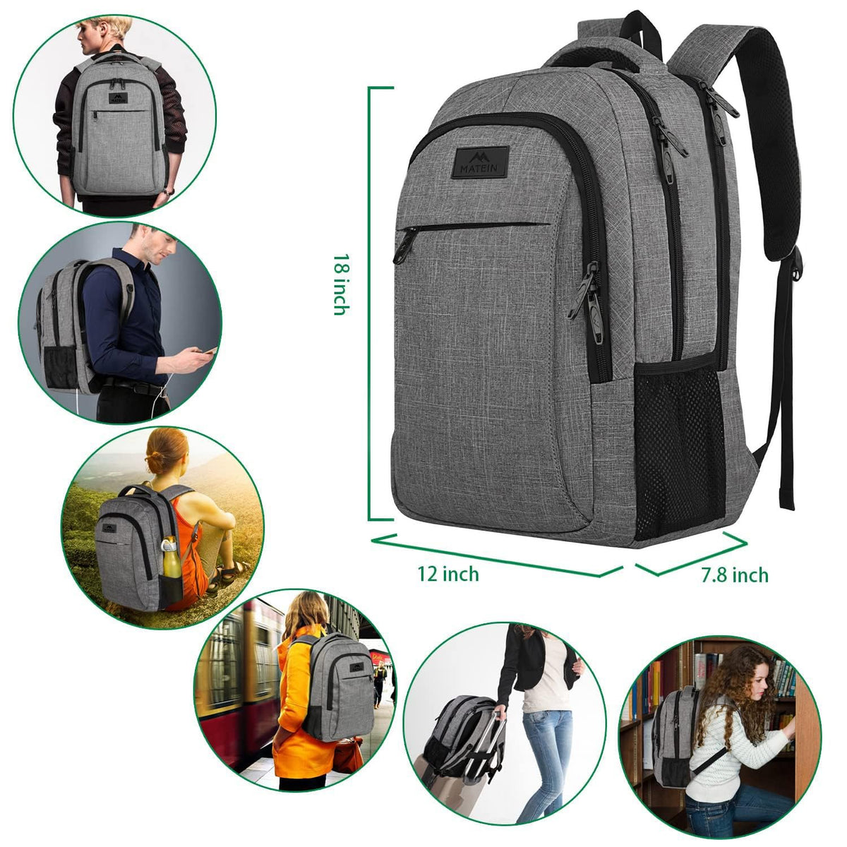 MATEIN Anti-Theft Travel Laptop Backpack, 15.6 Inch, Grey