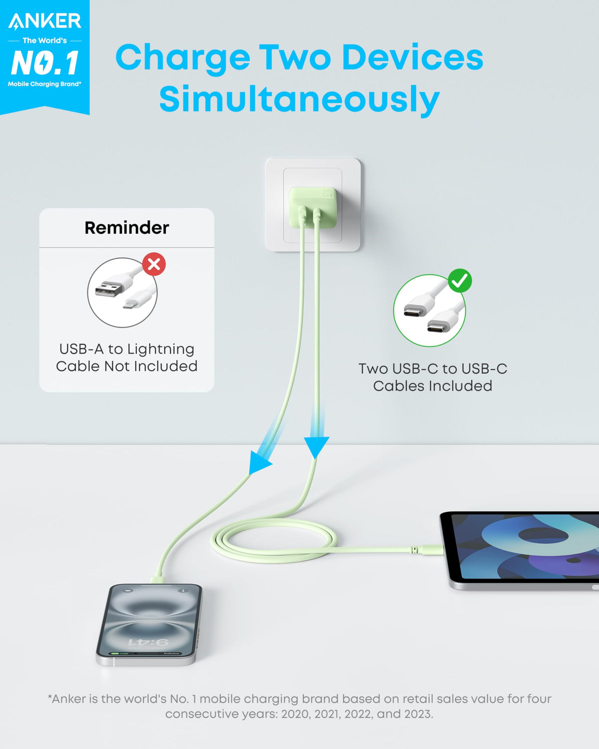 Anker 20W Fast USB C Charger for iPhone, Green, 2 Pack with 2 Cables