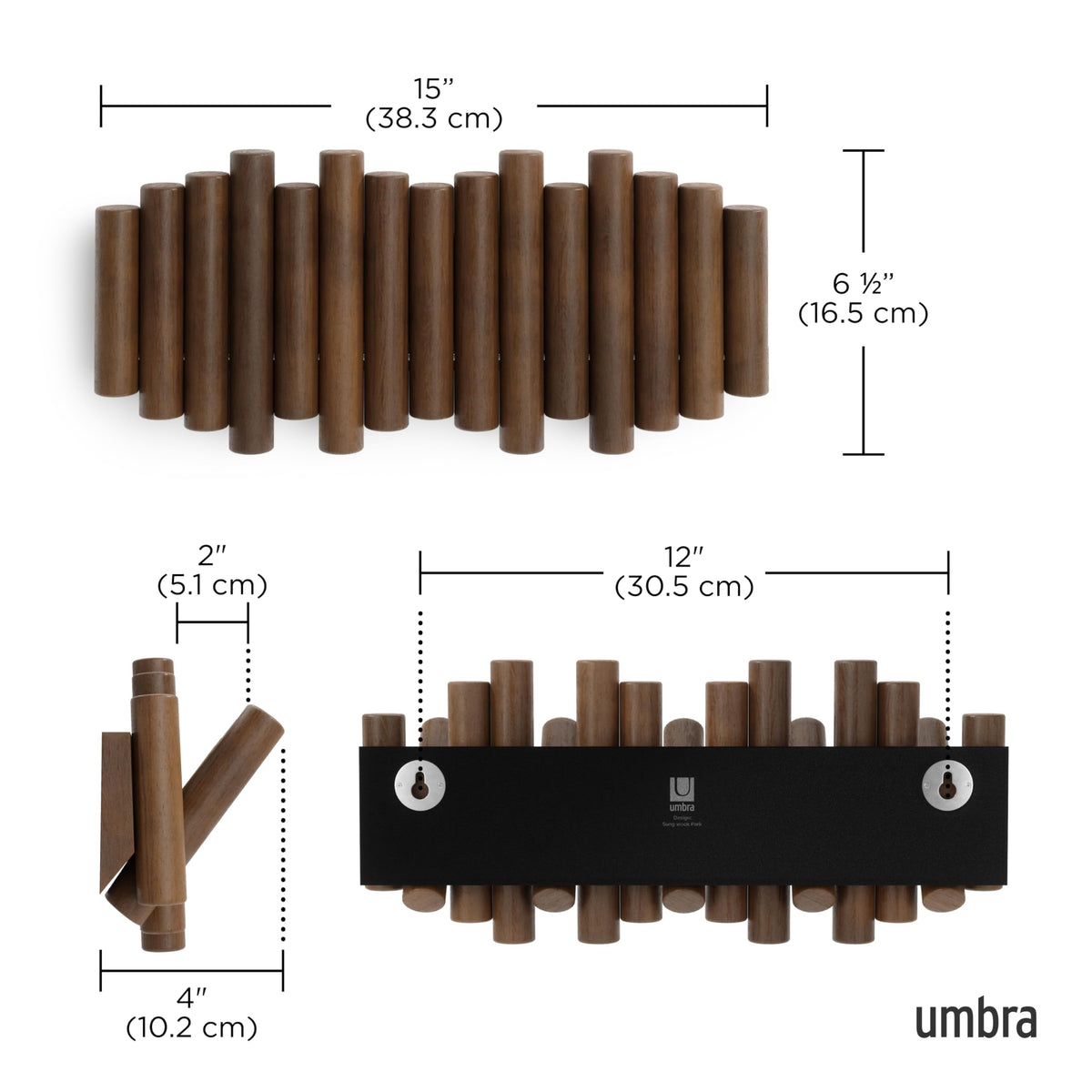 Umbra Picket Wall-Mounted Coat Rack, 5 Retractable Pegs, Walnut