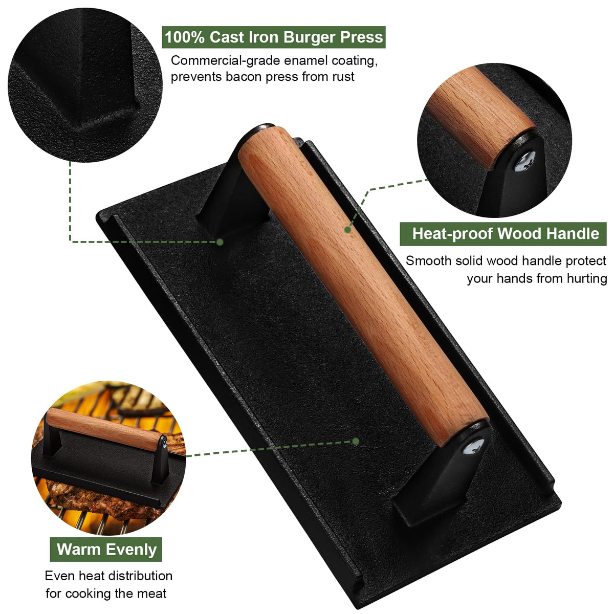 EWFEN Cast Iron Burger Press with Wood Handle, 7" Round and Rectangle