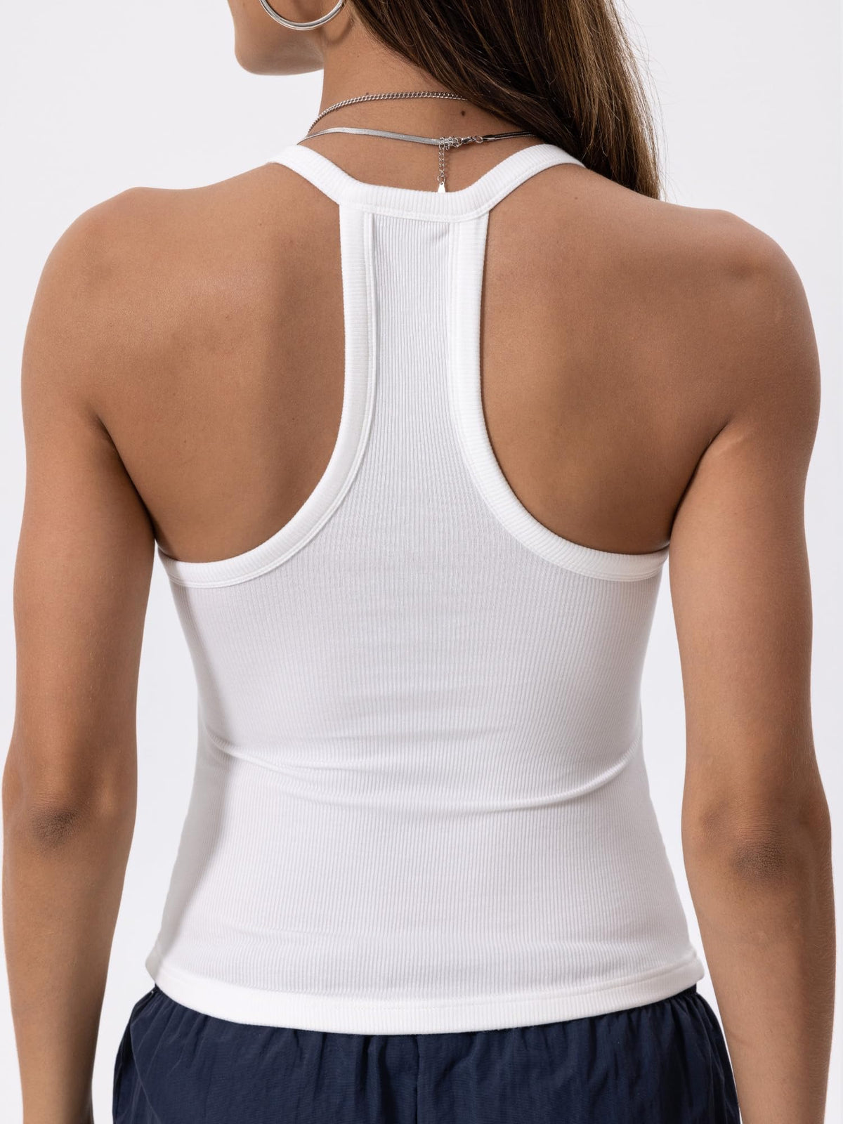 Danysu V-Neck Cotton Tank Top with Built-In Shelf Bra, White, L